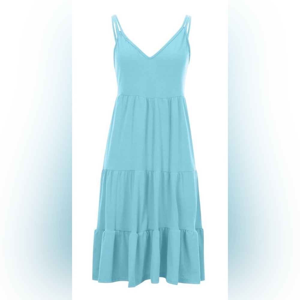 Light Blue Tiered V-Neck Spaghetti Strap Dress